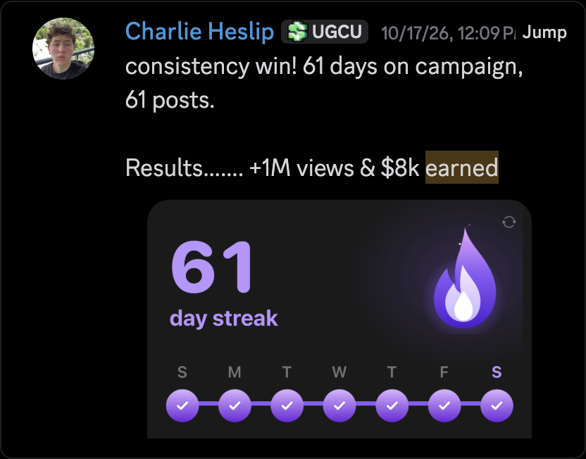 Charlie Heslip: $8,000 earned. 61 campaign posts in 61 days, plus 1M+ views.